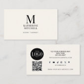 Carte De Visite Minimalist Monogram Luxury Black/Ivory Logo QR (Devant / Derrière)