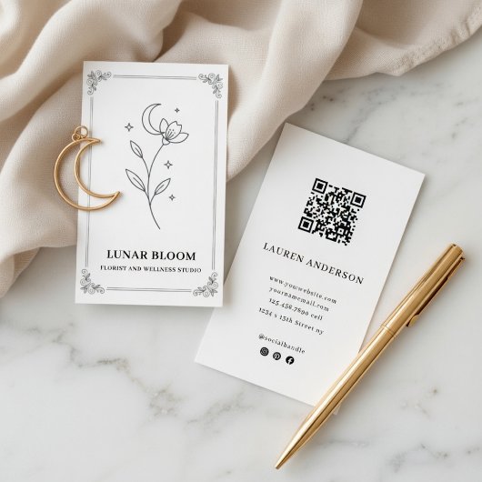 Carte De Visite Minimalist Moon Flower Florist Card with QR Code
