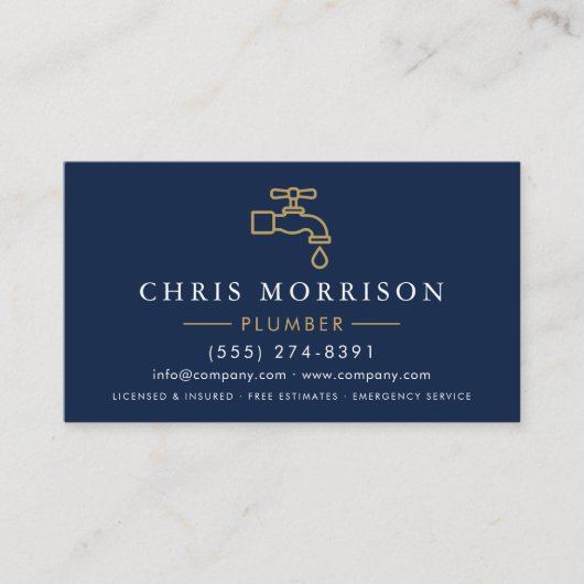 Carte De Visite Minimalist Plumber Navy Blue Gold QR Code (Devant)