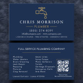 Carte De Visite Minimalist Plumber Navy Blue Gold QR Code