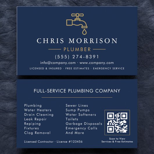 Carte De Visite Minimalist Plumber Navy Blue Gold QR Code