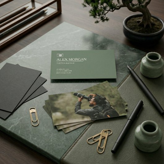Carte De Visite Minimalist Sage Green Camera Logo Photographer