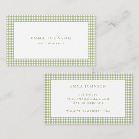 Carte De Visite Minimalist Sage Green Gingham Plaid (Devant / Derrière)