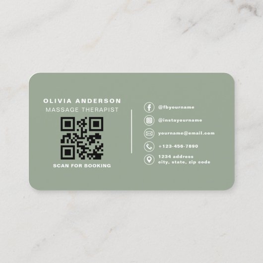 Carte De Visite Minimalist Sage Green Spa Massage QR Code (Dos)