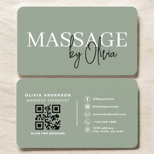 Carte De Visite Minimalist Sage Green Spa Massage QR Code