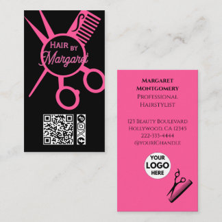 Carte De Visite Minimalist Scissors Pink Black QR Code Hair Salon