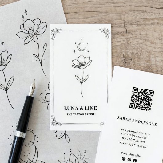 Carte De Visite Minimalist Tattoo Artist Card with QR Code