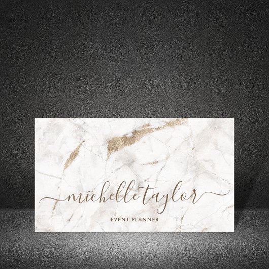 Carte De Visite Minimalist white marble gold signature script