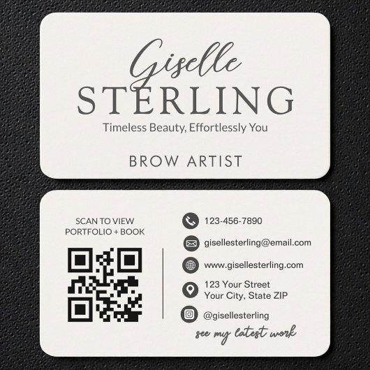 Carte De Visite Minimalist White Script Eyebrow Artist QR Code