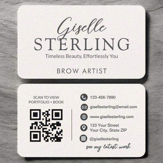 Carte De Visite Minimalist White Script Eyebrow Artist QR Code