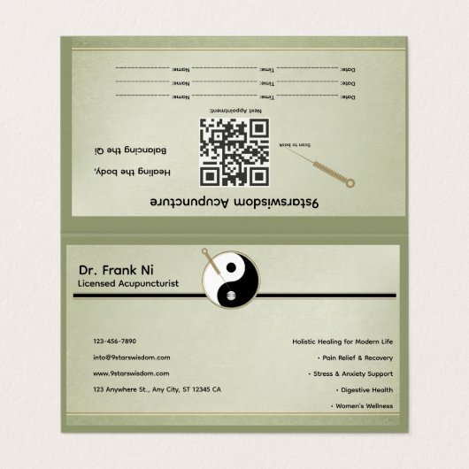 Carte de visite minimaliste d'acupuncture élément (Extérieur déplié)