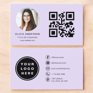 Carte de visite minimaliste lavande violet avec QR