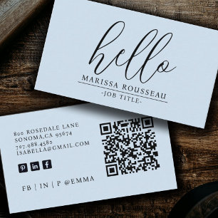 Carte De Visite Minimaliste moderne bleu Hello QR Code