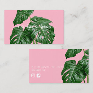 Carte De Visite Minimaliste moderne Monstera verte sur rose