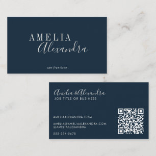 Carte De Visite Minimaliste Moderne Script Boho Chic Bleu Nuit QR