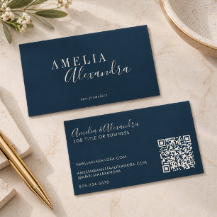 Carte De Visite Minimaliste Moderne Script Boho Chic Bleu Nuit QR