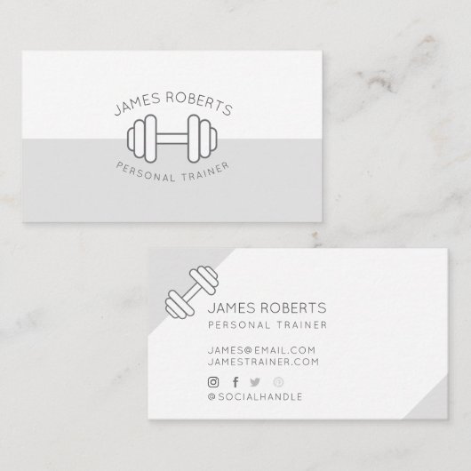 Carte De Visite Minimum Dumbbell Personal Trainer Gris & Blanc (Devant / Derrière)