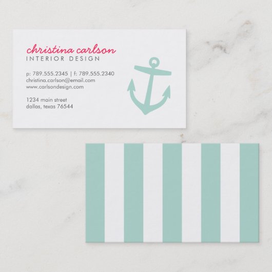 Carte De Visite Mint Cute Ancre Nautique & Stripes (Devant / Derrière)