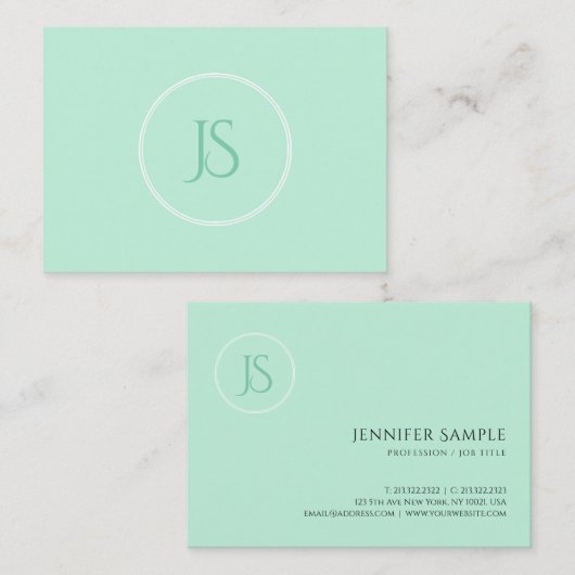 Carte De Visite Mint Elegant Modèle Vert Monogramme Simple (Devant / Derrière)