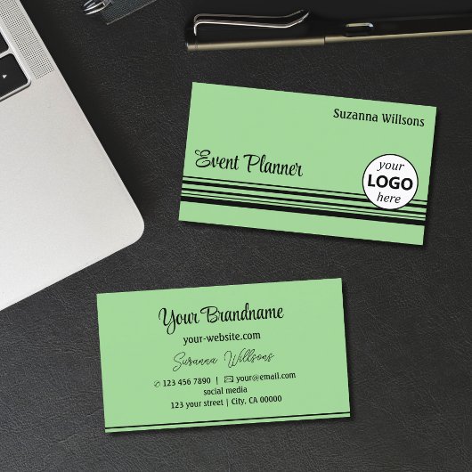 Carte De Visite Mint Green Black Stripes avec logo professionnel
