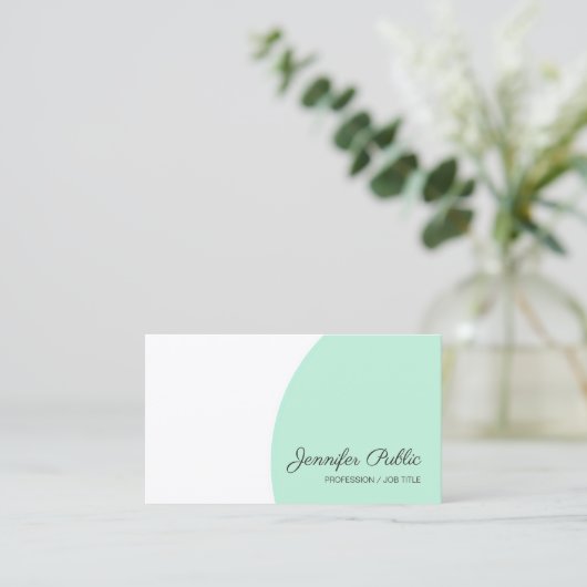 Carte De Visite Mint Green White Modern Handwriting Nom du script (Debout devant)