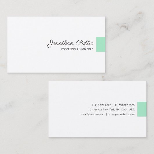 Carte De Visite Mint Green White Modern manuscrit Nom du script (Devant / Derrière)