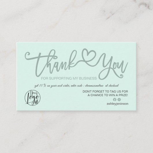 Carte De Visite Mint vert coeur photo logo commander merci (Devant)