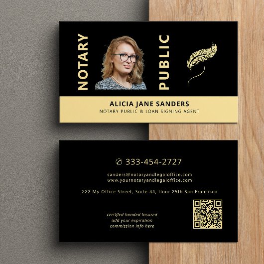 Carte De Visite Mobile notary public photo gold black QR code