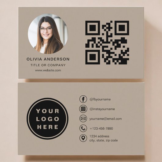 Carte De Visite Mocha Brown Photo with QR Code Social Media