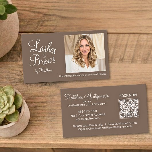 Carte De Visite Mocha Brown Script Photo QR Code Lashes and Brows