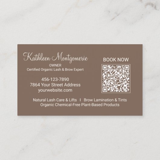 Carte De Visite Mocha Brown Script Photo QR Code Lashes and Brows (Dos)