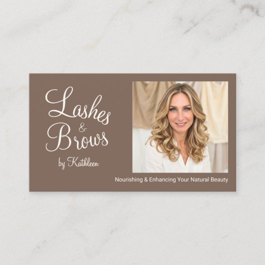 Carte De Visite Mocha Brown Script Photo QR Code Lashes and Brows (Devant)