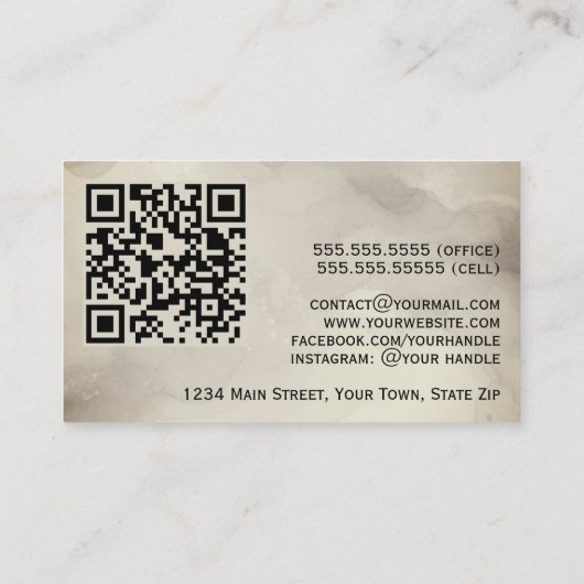 Carte De Visite Mocha Taupe Aquarelle Abstraite et Code QR Or (Dos)