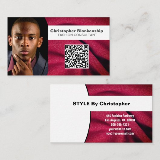 Carte De Visite Mode Burgundy Fabric personnalisé Photo QR Code (Devant / Derrière)