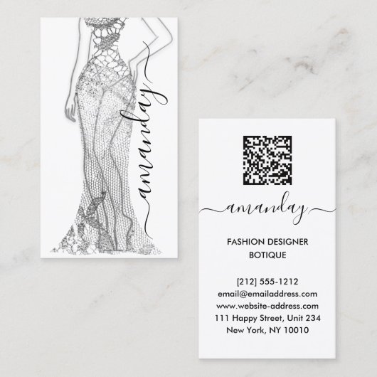 Carte De Visite Mode Designer Dress Logo QR Code Silver Lace (Devant / Derrière)
