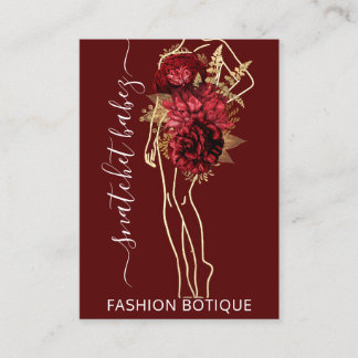 Carte De Visite Mode Floral Bourgogne Or Logo QR Styliste Corps