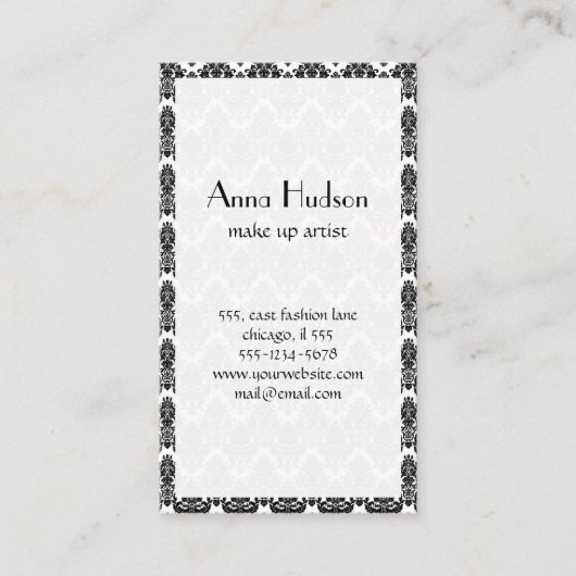 Carte De Visite Modèle Damask, Damask français, noir et blanc (Devant)