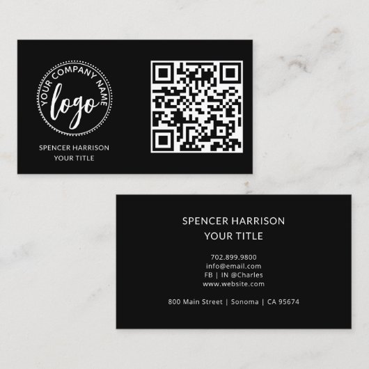 Carte De Visite Modèle de code QR de logo noir moderne (Devant / Derrière)