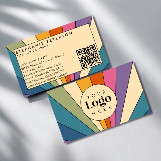 Carte De Visite Modèle de code QR de logo personnalisé Retro Rainb