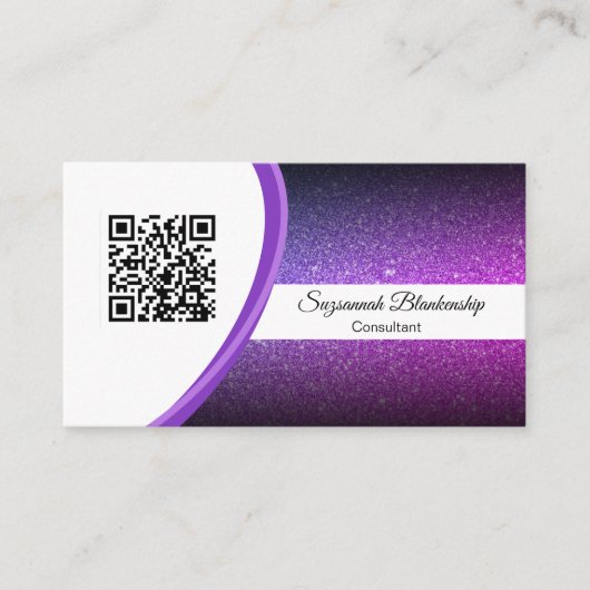 Carte De Visite Modèle de code QR de Parties scintillant violet pr (Devant)