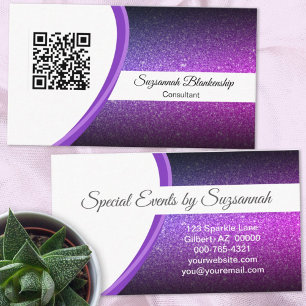 Carte De Visite Modèle de code QR de Parties scintillant violet pr