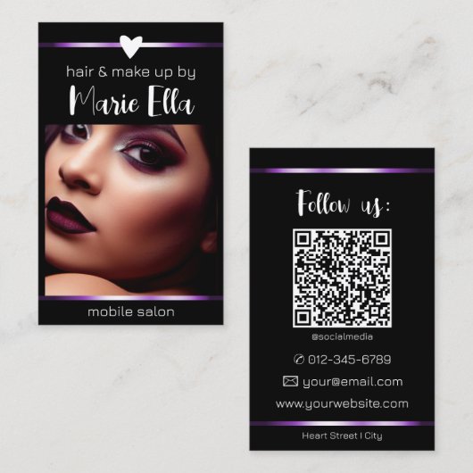 Carte De Visite Modèle de code QR photo avec lignes noires et viol (Devant / Derrière)