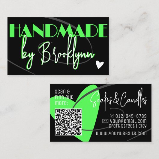 Carte De Visite Modèle de code QR Stylé Cœur Vert Fait Main (Devant / Derrière)