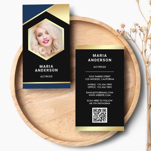 Carte De Visite Modèle de feuille d'or bleu Actrice Code QR Photo