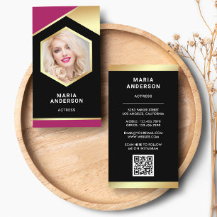 Carte De Visite Modèle de feuille d'or rose Actrice Code QR Photo