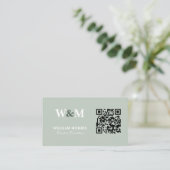 Carte De Visite Modèle de logo de code QR vert sauge élégant (Debout devant)