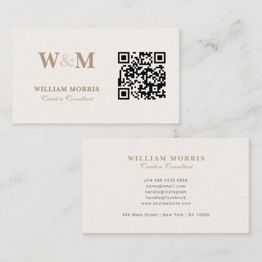 Carte De Visite Modèle de logo QR Code élégant et chaud Taupe (Devant / Derrière)