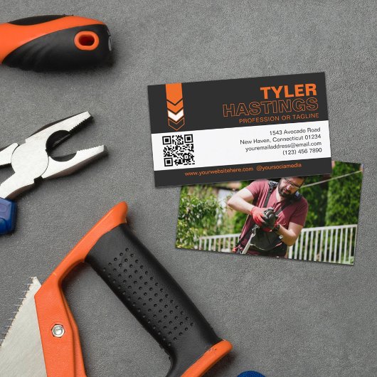 Carte De Visite Modèle de photo avec code QR et flèches orange sur