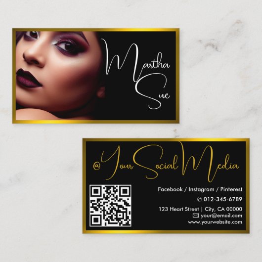 Carte De Visite Modèle d'Influenceur Jaune Or Noir Photo QR-Code (Devant / Derrière)