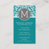Carte De Visite Modèle gris chic et Damas Turquoise Monogramme per (Dos)